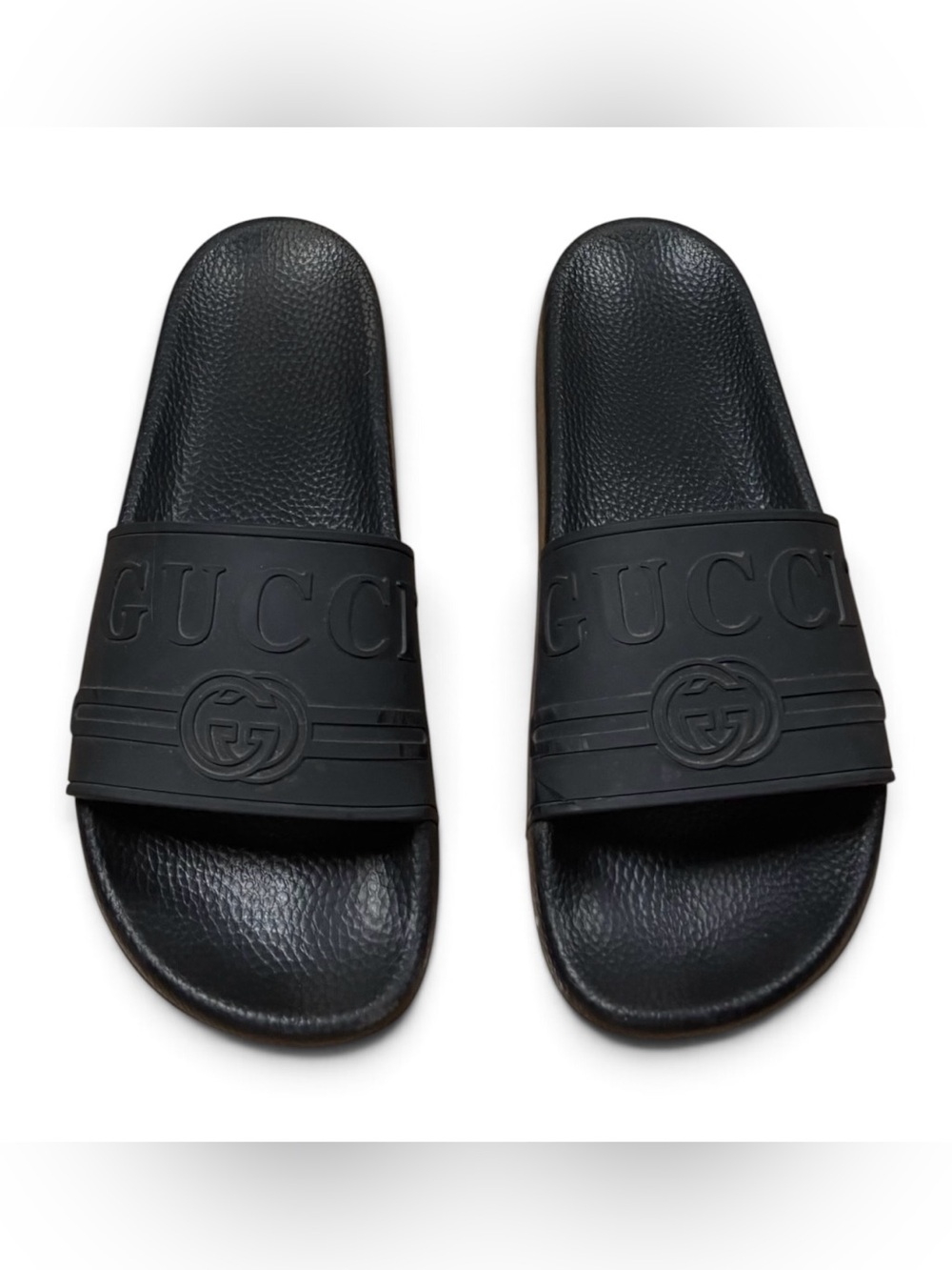 Gucci Pursuit Embossed Spellout GG Logo Black Rubber Slides Women’s Size 38